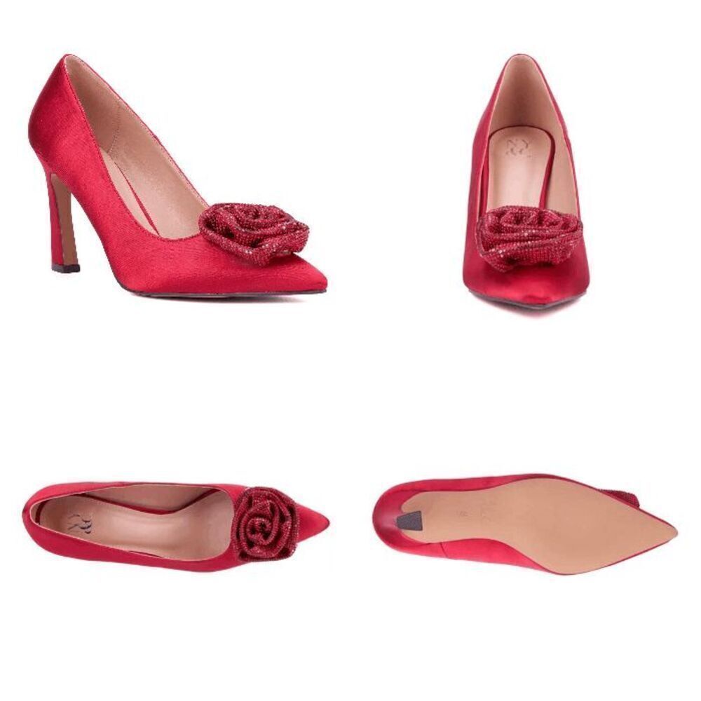 🌹 NEW YORK AND COMPANY Ilyana Red Rose Satin Pumps Heels SIZE 6 NEW IN BOX - Picture 15 of 16